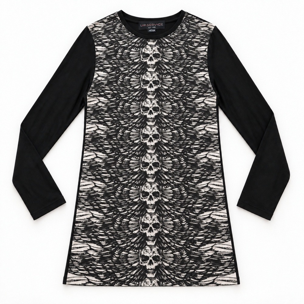 Lip Service Skull Wings Long Sleeve Top Black Linen Blend NWT Med USA Made Goth